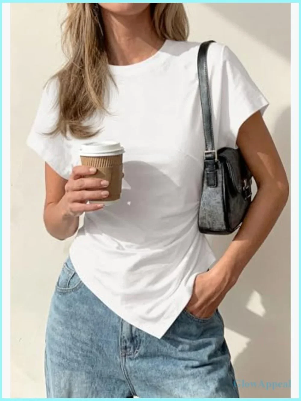 Asymmetrical Crew Neck Short Sleeve T-Shirt Slim Fit Cotton Blend - Picture 4 of 7